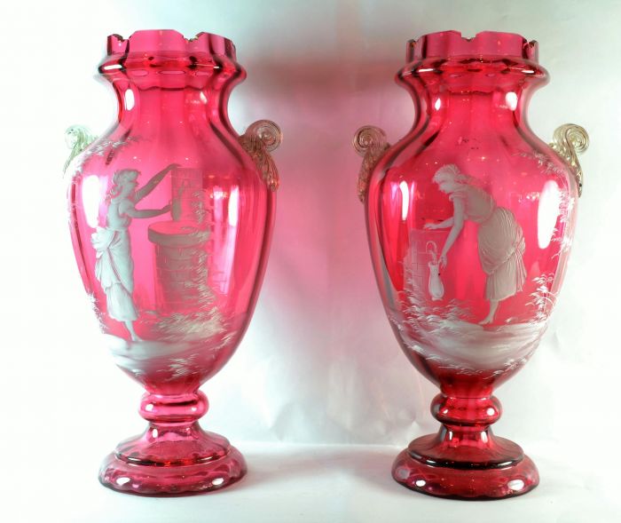 A Pair Victorian Mary Gregory Ruby Glass Vases